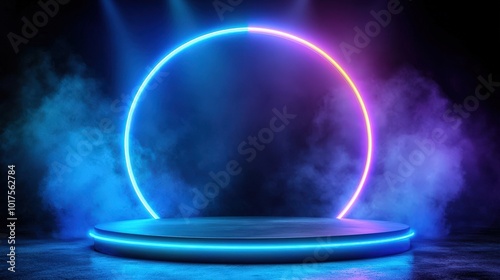 Futuristic Neon Circle Stage with Smoke and Blue Light for Product Display