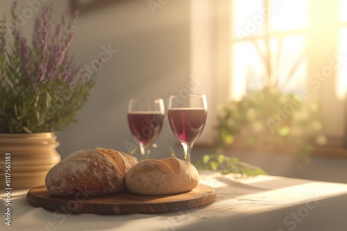 Rustic Bread and Red Wine Table Setting with Sunlight