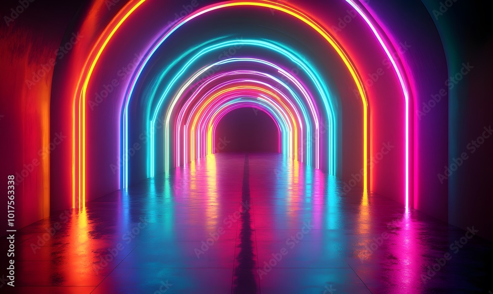 Futuristic Neon Lit Tunnel with Vibrant Colors, Abstract and Technological, Glowing Arches and Reflections, Ideal for Sci-Fi Settings, Nightlife Concepts, and Modern Design Inspirations, generative ai Futuristic Neon Lit Tunnel with Vibrant Colors, Abstract and Technological, Glowing Arches and Reflections, Ideal for Sci-Fi Settings, Nightlife Concepts, and Modern Design Inspirations, generative ai