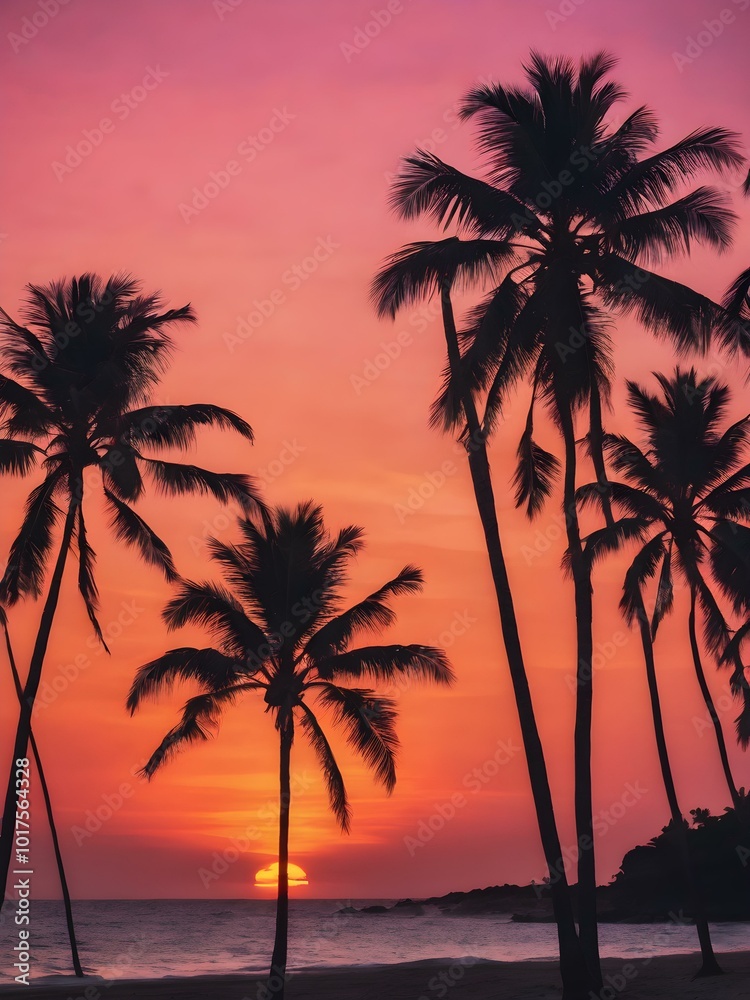 A tropical sunset sky with orange and pink hues reflecting off the ocean, with palm trees silhouetted in the foreground swaying gently in the breeze
A tropical sunset sky with orange and pink hues reflecting off the ocean, with palm trees silhouetted in the foreground swaying gently in the breeze