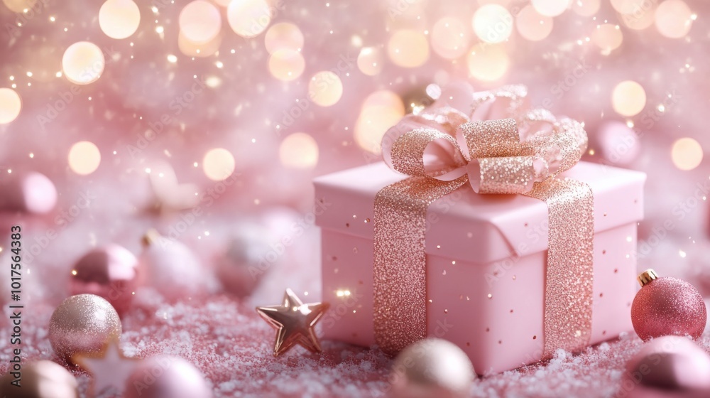Fototapeta premium Single pink Christmas box, soft pastel background, decorated with gold ornaments and stars, gentle glow, minimal and elegant illustration.