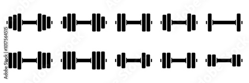 Dumbbell and barbell black line icons set. Dumbbell weight vector. Gym dumbbell icon collection. Barbell and dumbbell silhouettes. Vector Illustration.
