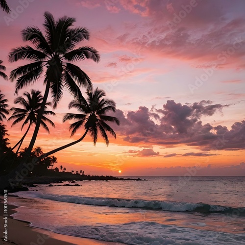 A tropical sunset sky with orange and pink hues reflecting off the ocean, with palm trees silhouetted in the foreground swaying gently in the breeze 