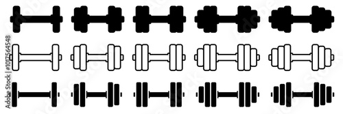 Dumbbell and barbell black line icons set. Dumbbell weight vector. Gym dumbbell icon collection. Barbell and dumbbell silhouettes. Vector Illustration.