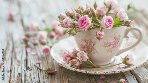 Delicate Pink Roses in Antique Teacup on Rustic Table