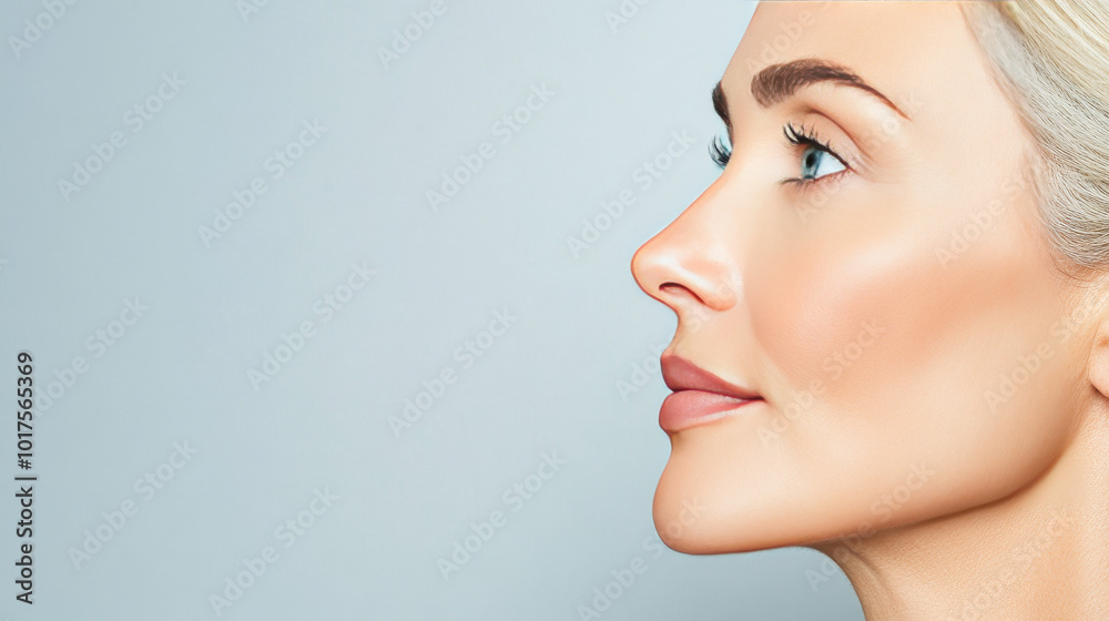 Close-up profile of a woman with flawless skin and a natural makeup look. Close-up profile of a woman with flawless skin and a natural makeup look.