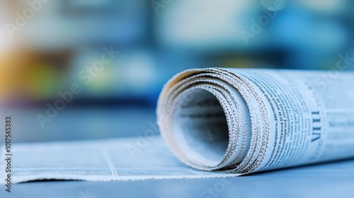Rolled Newspaper on Blue Background   Vintage News  Old Paper  Grunge Texture