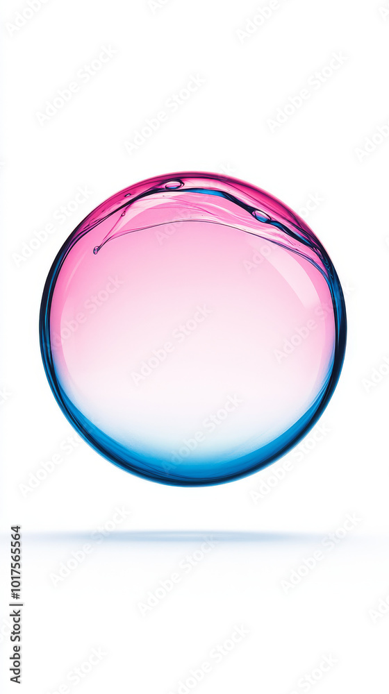 Obraz premium A single, perfectly round bubble with a pink and blue gradient, suspended against a white background.