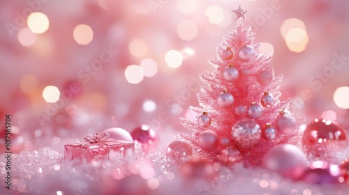 Tiny cartoon Christmas tree, pink background, decorated with glass balls and gifts, shimmering effect, adorable and festive composition.