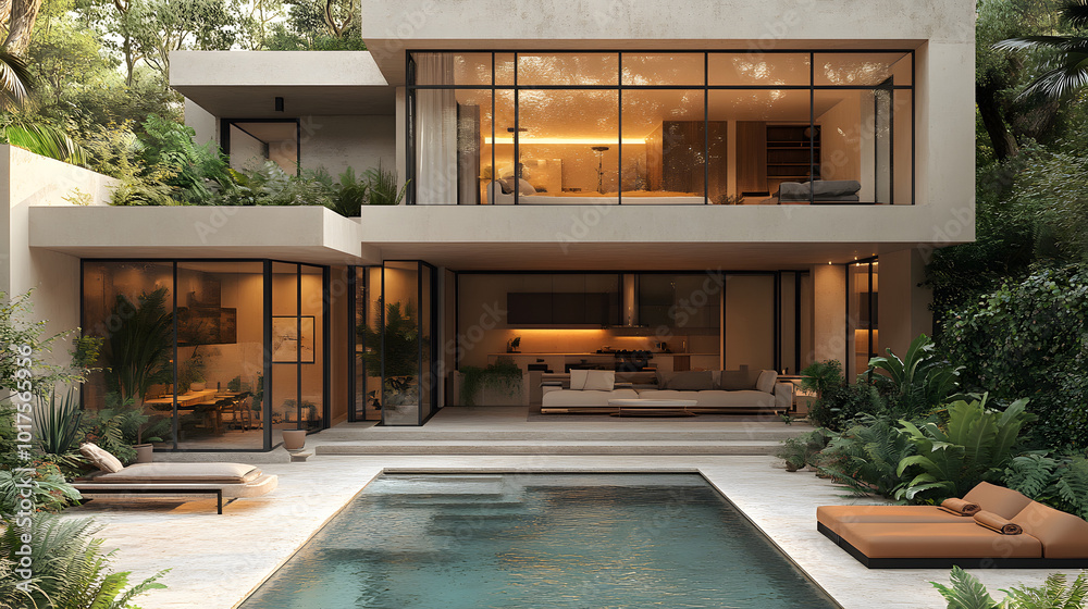 A modern villa with a pool, featuring neutral tones and a beige color palette. The architecture combines sleek lines and minimalist design, creating a luxurious and serene atmosphere. This contemporar