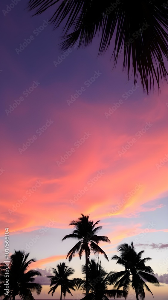Obraz premium A tropical sunset sky with orange and pink hues reflecting off the ocean, with palm trees silhouetted in the foreground swaying gently in the breeze 