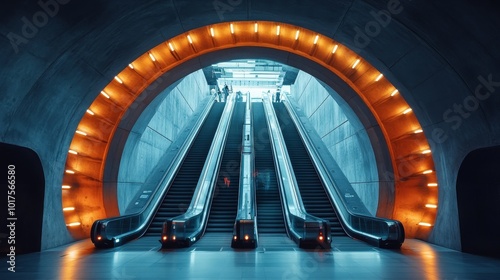 A modern metro station in a circular design, escalators crisscrossing above, trains moving smoothly in choreographed harmony, glowing lights lining the tracks photo