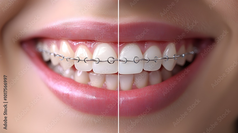 Obraz premium Before and after timeline showing monthly progress of teeth alignment during braces treatment, with each month's subtle improvement captured