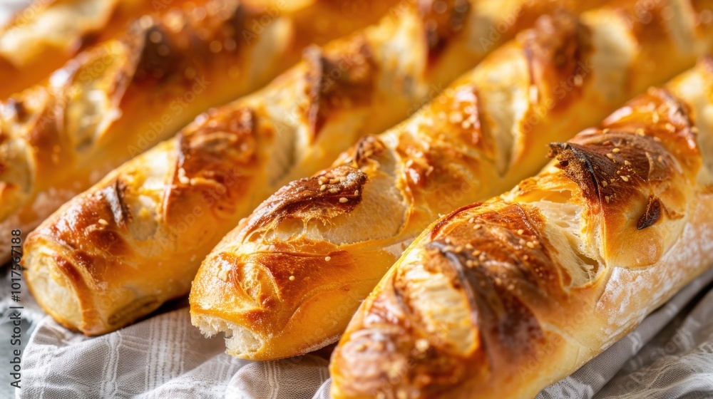 Freshly Baked Crusty French Baguettes on a Table Freshly Baked Crusty French Baguettes on a Table