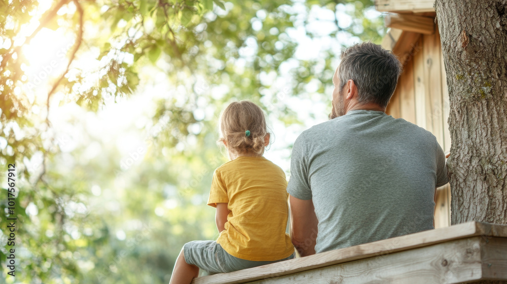 A father and child sit together on wooden platform, enjoying peaceful moment in nature. warm sunlight filters through trees, creating serene atmosphere A father and child sit together on wooden platform, enjoying peaceful moment in nature. warm sunlight filters through trees, creating serene atmosphere