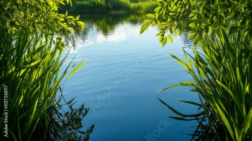 A peaceful circular pond, fringed by wild reeds and elegant willow trees, reflecting the bright azure sky in a calm and still water surface photo