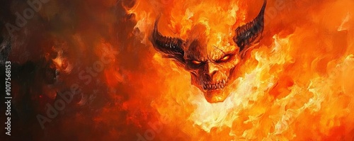 oil painting of devil on fire with flame on dark background