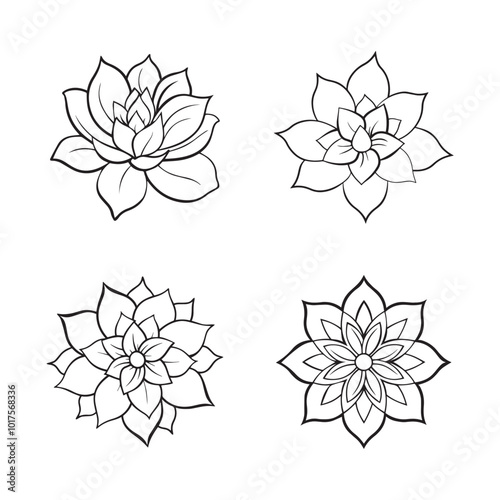 Flower set outline silhouette vector illustration isolated on white background.