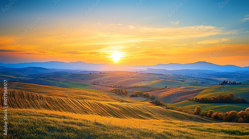Obraz premium Tuscany Sunset Landscape With Rolling Hills and Golden Fields