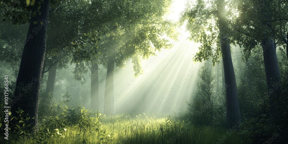 A serene forest scene with tall trees and sunlight filtering through the leaves A serene forest scene with tall trees and sunlight filtering through the leaves