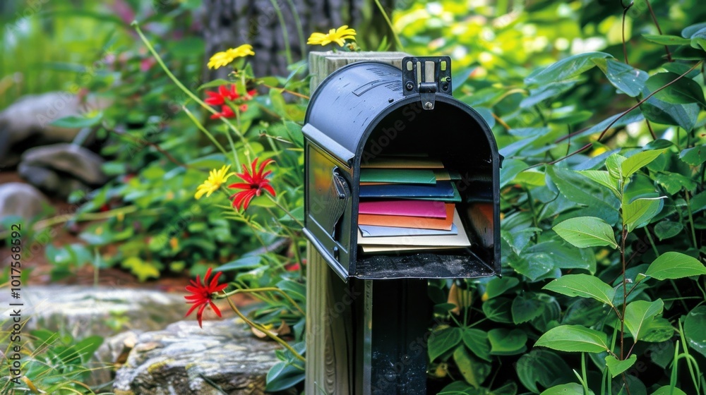 Colorful Mailbox Surrounded by Lush Garden Flowers Colorful Mailbox Surrounded by Lush Garden Flowers