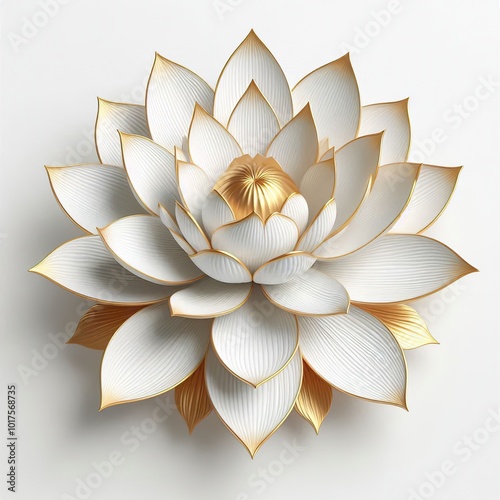 a 3d big gold white lotus flowers, realistic, minimalist, white background