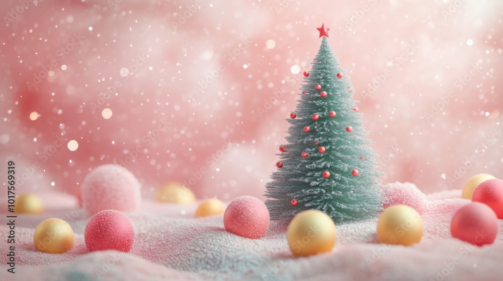 Cartoon green Christmas tree, clean pale pink background, decorated with red and yellow baubles, soft light effect, cute and festive layout. Cartoon green Christmas tree, clean pale pink background, decorated with red and yellow baubles, soft light effect, cute and festive layout.
