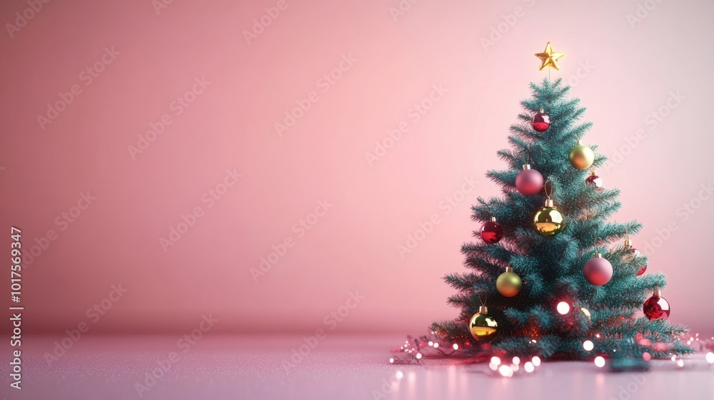 Cartoon green Christmas tree, clean pale pink background, decorated with red and yellow baubles, soft light effect, cute and festive layout.