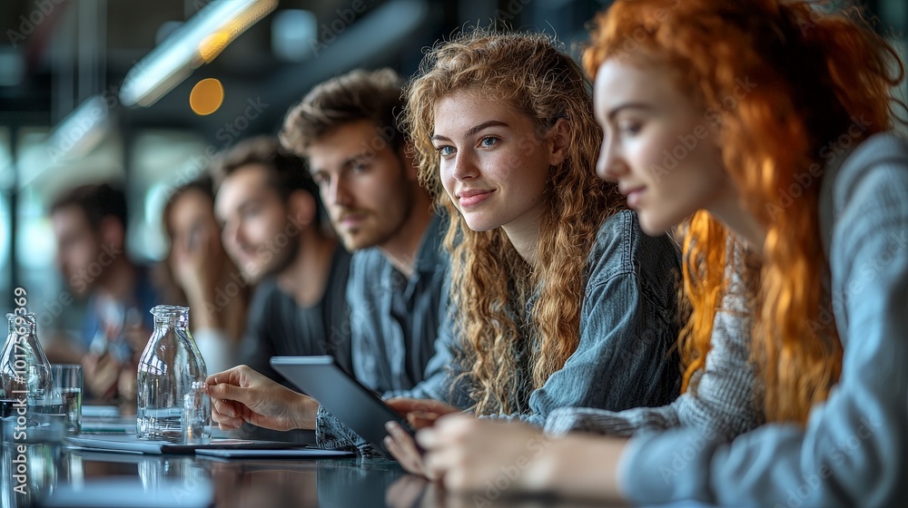 A group of young adults engaged in a discussion or meeting at a modern workspace. A group of young adults engaged in a discussion or meeting at a modern workspace.
