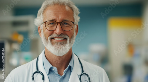 Experienced doctor smiling warmly in medical environment, showcasing professionalism and care. His friendly demeanor creates reassuring atmosphere for patients