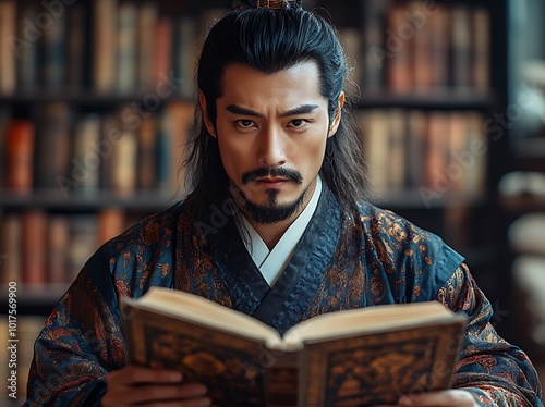 Asian Scholar in Traditional Attire, Reading an Open Book. photo