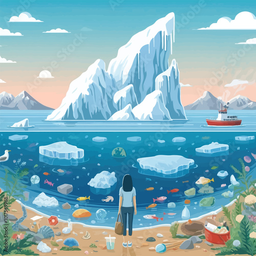 Global warming scene where icebergs are melting into the ocean vector illustration 