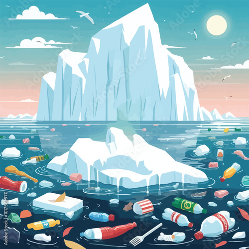 Global warming scene where icebergs are melting into the ocean vector illustration 
