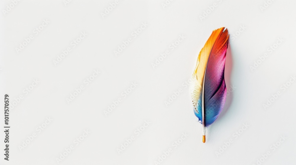 Vibrant Feather with Colorful Hues on White Background Vibrant Feather with Colorful Hues on White Background