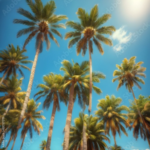 A bright  sunny tropical sky with palm trees standing tall against a vivid blue sky  their leaves catching the soft morning light 