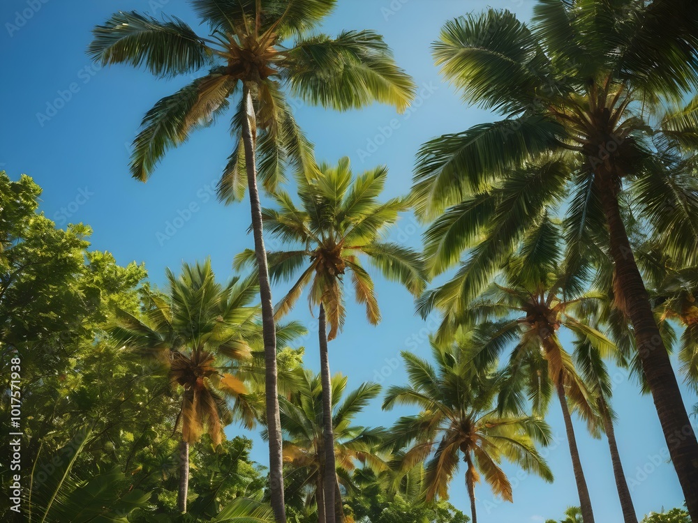 A bright, sunny tropical sky with palm trees standing tall against a vivid blue sky, their leaves catching the soft morning light
A bright, sunny tropical sky with palm trees standing tall against a vivid blue sky, their leaves catching the soft morning light