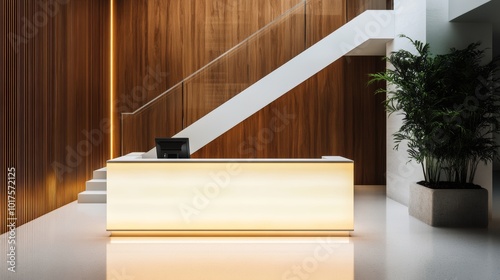 Interior design of illuminated reception desk near white staircase and wooden wall in modern hotel