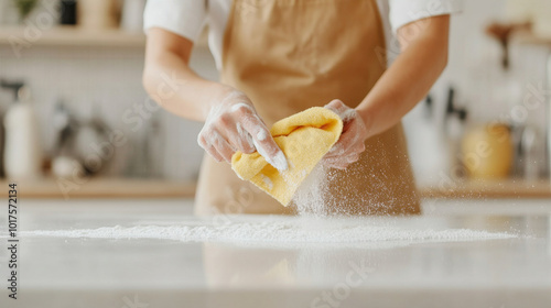 Cleaning surfaces with yellow cloth, person demonstrates effective cleaning techniques in kitchen setting. focus is on maintaining tidy environment, showcasing importance of cleanliness and organizati photo