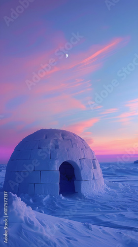 Twilight's Serenade: The Awe-inspiring Resilience of an Igloo amidst a Snow Covered Landscape