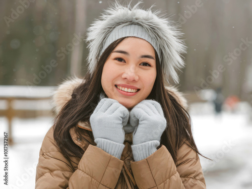 Happy Young Asian Woman in a Winter Coat Enjoying the Snow Outdoors