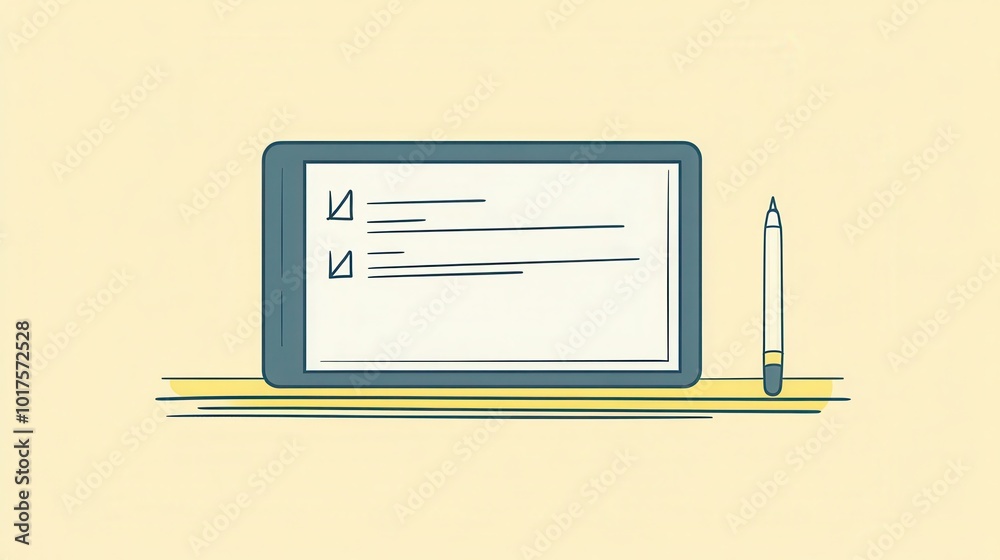 A minimalist illustration of a tablet with a stylus resting next to it.