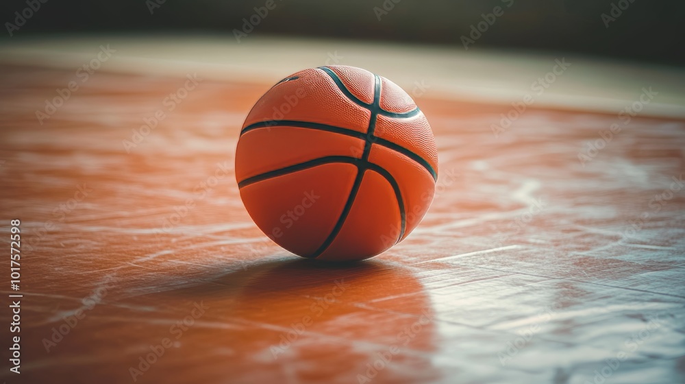 Orange basketball on brown court of gymnasium sport floor street basketball concept Orange basketball on brown court of gymnasium sport floor street basketball concept