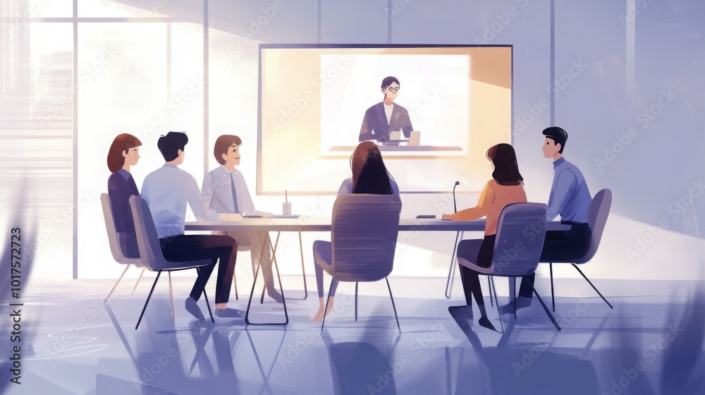 five colleagues sitting around a conference table, engaged in a virtual meeting displayed on a large screen. five colleagues sitting around a conference table, engaged in a virtual meeting displayed on a large screen.