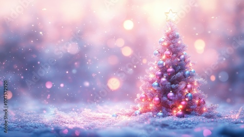 Cute cartoon Christmas tree, light lavender backdrop, decorated with colorful glass balls, soft highlights, playful and elegant layout.