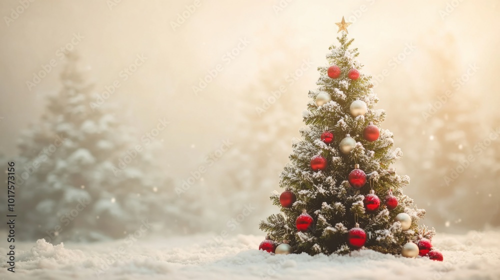Cute green Christmas tree, light cream backdrop, decorated with red and white baubles, subtle sparkle, classic and simple design.