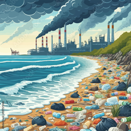 landscape of a beach covered in plastic trash and garbage washed up from the ocean vector illustration 
