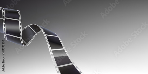 Movie banner with film strip roll on white background with space for text. Realistic 3d vector cinema or photography negative 35mm reel tape. Cinematography and photograph bg with curve filmstrip.