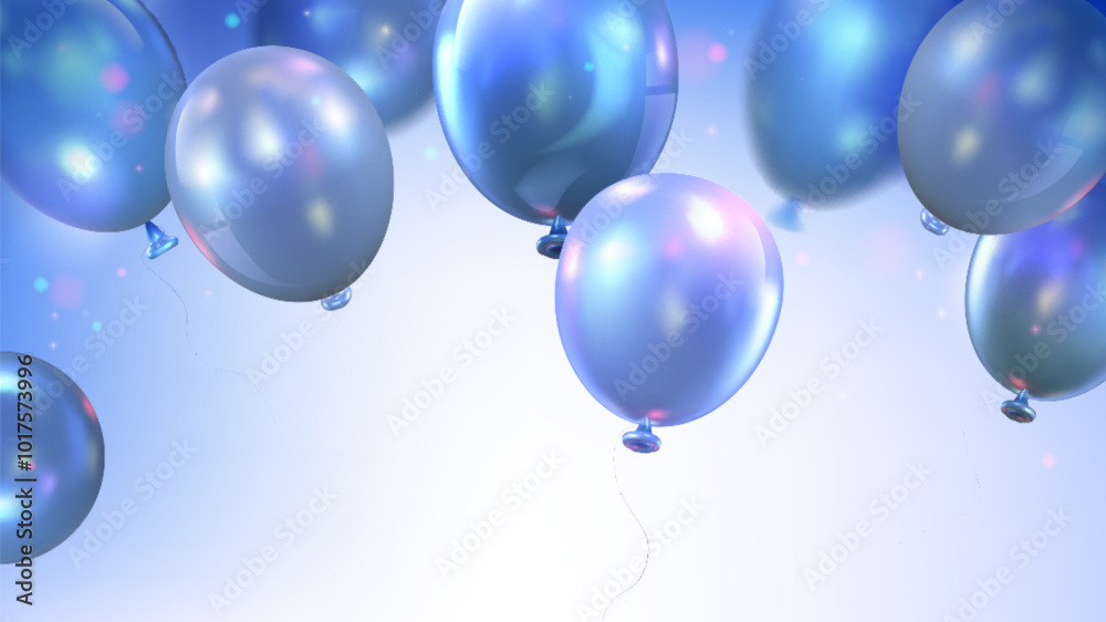 Birthday congratulation banner with helium flying blue and purple balloons on pastel background. Realistic 3d vector greeting template with holiday decor balls bunch for anniversary or New Year design Birthday congratulation banner with helium flying blue and purple balloons on pastel background. Realistic 3d vector greeting template with holiday decor balls bunch for anniversary or New Year design