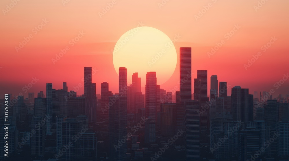 Fototapeta premium Urban Heatwave Sunset Silhouette Cityscape Skyline Red Sky