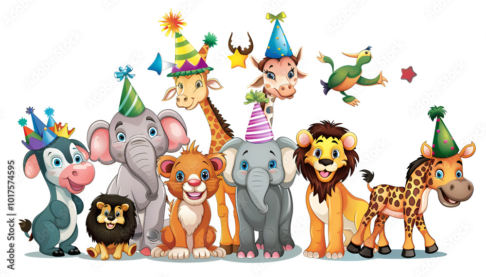 Fototapeta premium Many different animals with party hats on white background